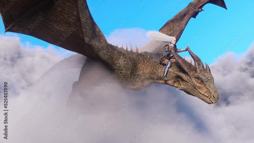 White haired female warrior knight flies on a dragon above the clouds ...