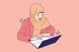 Illustrations of Beautiful smart business woman wear hijab and and working on laptop