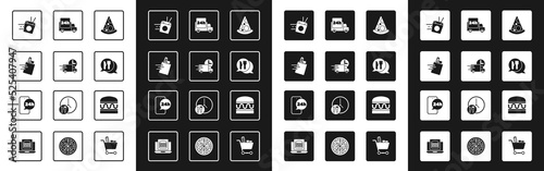 Set Slice of pizza, Fast delivery by car, Online ordering and, noodles, Cafe restaurant location, Burger and Food icon. Vector