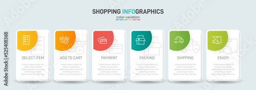 Concept of shopping process with 6 successive steps. Six colorful graphic elements. Timeline design for brochure, presentation, web site. Infographic design layout.