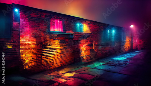 Old brick wall with neon li...
