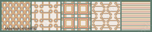 Set of 70 s seamless patterns. Retro colorful line geometric seamless backgrounds in seventies style. Yellow, orange, pink, green vintage colors vector pattern