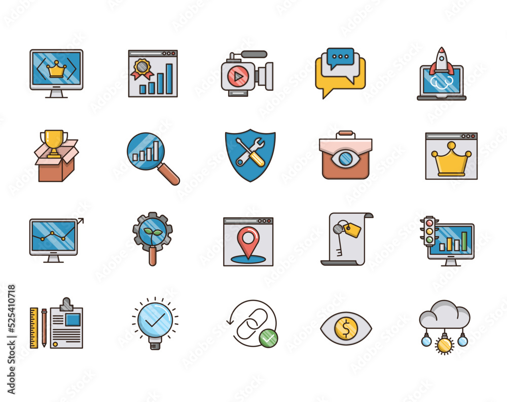 Obraz premium Filled outline Icons Set of Search Engine Optimization icons, Simple Mono Line Pictogram Pack, Vector Logo Concept, Web Graphic. Vector icons.
