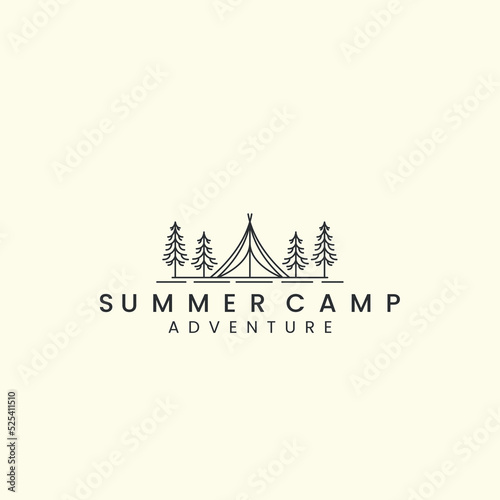 tent logo with linear vector illustration, summer camp, tree icon template design