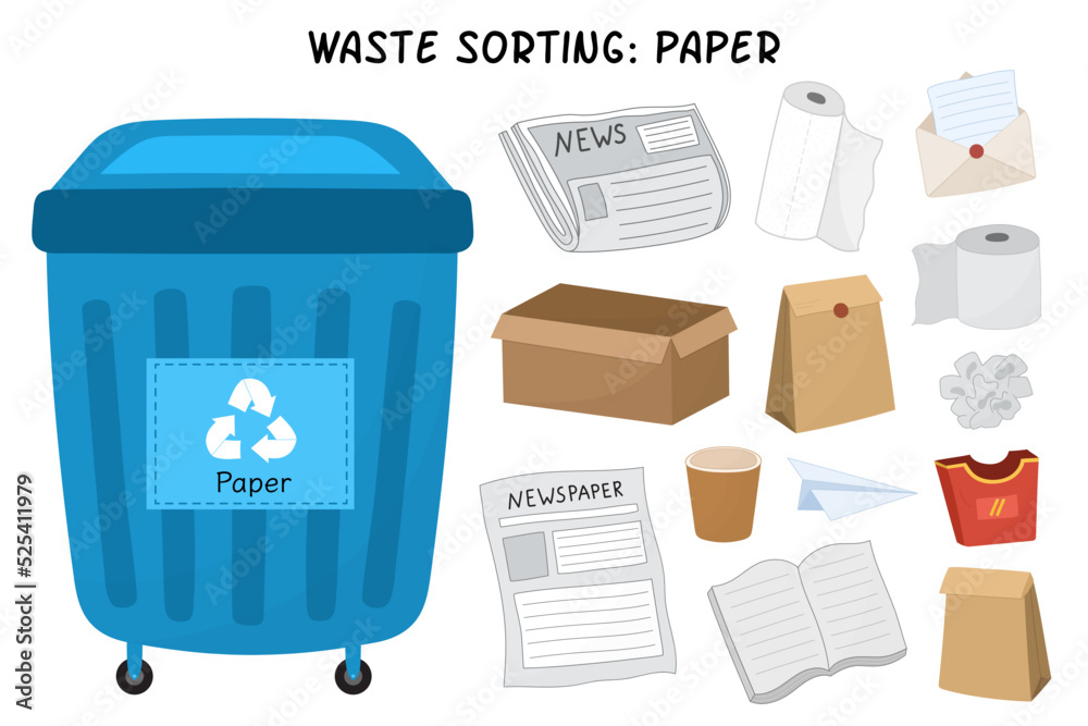 Paper waste sorting set. Blue trash can for paper and cardboard garbage. Separating and