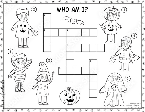 Black and white Halloween crossword with cute kids in costumes of pumpkin, devil, vampire, witch, ghost, mummy. Coloring page and puzzle game for children. Educational activity. Vector illustration