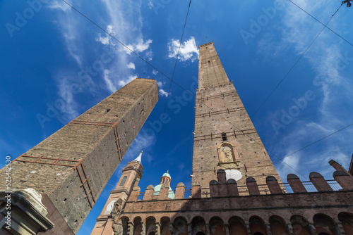 Bologna, Italy - August 21, 2022: daylight cityscape of Bologna with the Two Towers, no people are visible.