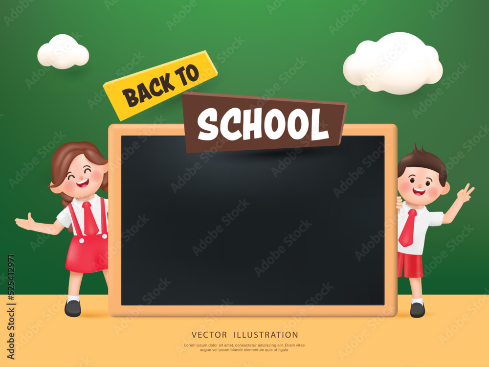 3D Happy cute Students Back to school presenting the chalkboard character . Vector in 3d rendering style. 3D Happy cute Students Back to school presenting the chalkboard character . Vector in 3d rendering style.