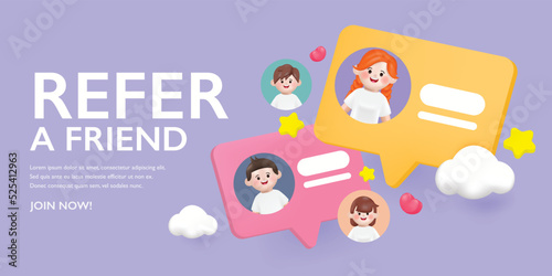 3d vector cartoon teamwork business people group. Refer a friend, Social media marketing for friends. Landing page template