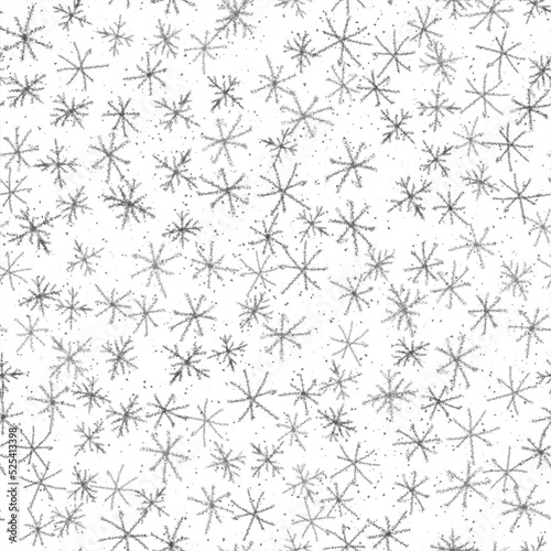 Hand Drawn Snowflakes Christmas Seamless Pattern. Subtle Flying Snow Flakes on chalk snowflakes Background. Amusing chalk handdrawn snow overlay. Astonishing holiday season decoration.