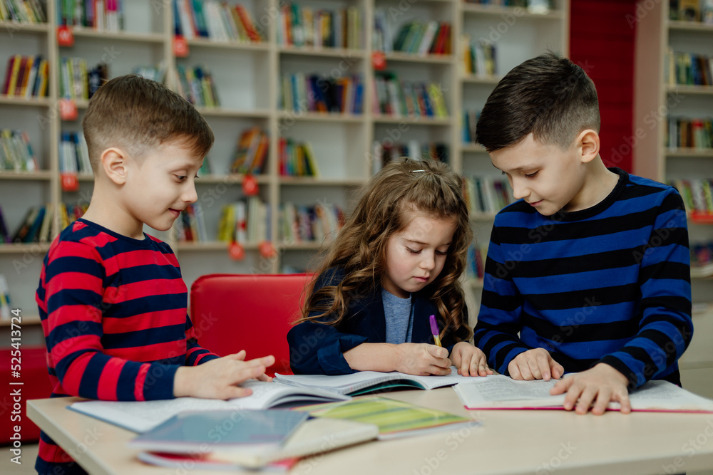 school children in the library reading books, doing homework, prepare a school project for lessons school children in the library reading books, doing homework, prepare a school project for lessons
