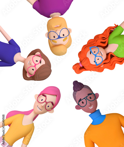 Young men and women wearing glasses. Group of friendly diverse people standing together for Opticians shop, vision care set 3D render.