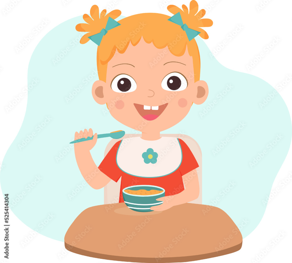 Baby girl has a meal. Cartoon character. Smiling little girl qith a plate of porridg and spoon. Baby food. Flat vector illustration.