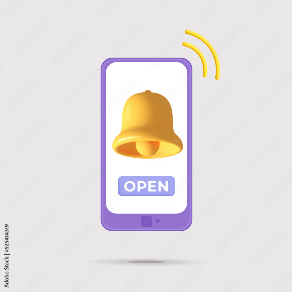 3d vector violet Smartphone with reminder ringing bell notification mockup design illustration 3d vector violet Smartphone with reminder ringing bell notification mockup design illustration