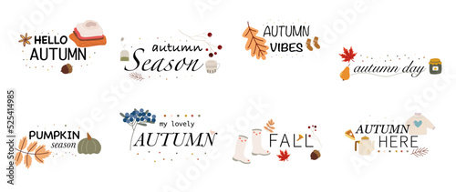 Cute autumn inscriptions. Set of stickers with handwritten slogan of fall season. Vector set. Autumn phrases with cozy design. Collections isolated on a white background.