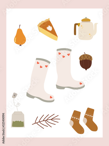 Vector icons. Flat autumn images. Cute autumn card with fall elements. The picture shows rubber boots, socks, a tea infuser, a piece of cake, an acorn, and a tea bag. Perfect for scrapbooking.
