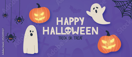 Happy Halloween. Illustrations of a glowing pumpkin for a treat or trick fancy fun party holiday purple background design.