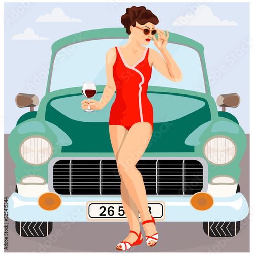 girl with glass of wine and retro car
