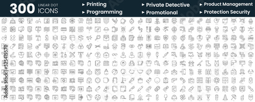 Set of 300 thin line icons set. In this bundle include printing, private detective, product management, programming, promotional, protection security