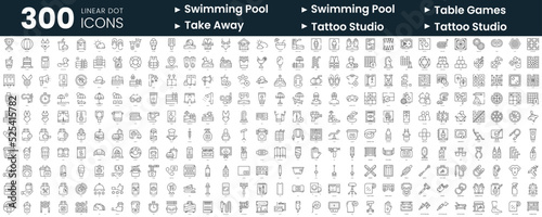 Set of 300 thin line icons set. In this bundle include swimming pool, table games, take away, tattoo studio