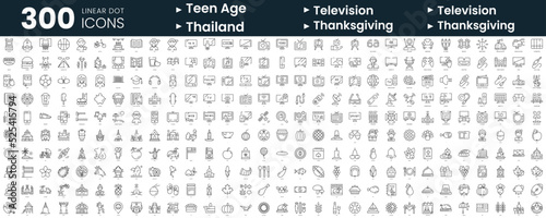 Set of 300 thin line icons set. In this bundle include teen age, television, thailand, thanksgiving