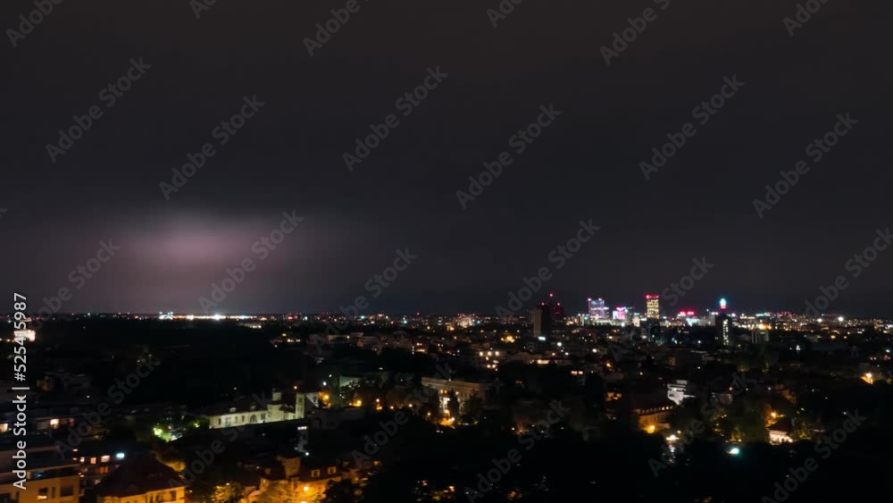 Aerial Drone Helicopter Hyper-lapse Time-lapse Of Bucharest City Centre Skyline Business District During Thunderstorm at Night Aerial Drone Helicopter Hyper-lapse Time-lapse Of Bucharest City Centre Skyline Business District During Thunderstorm at Night