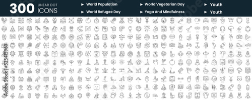Obraz Set of 300 thin line icons set. In this bundle include world population, world refugee day, world vegetarian day, yoga and mindfulness, youth