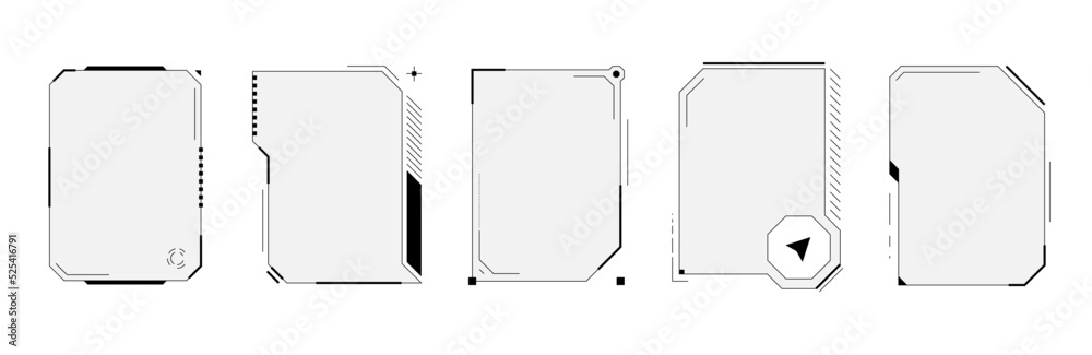 HUD digital futuristic user interface square vertical frame set. Sci Fi high tech screens. Gaming menu touching cyber monitoring dashboard panels. Head-up display FUI or GUI empty menu vector windows