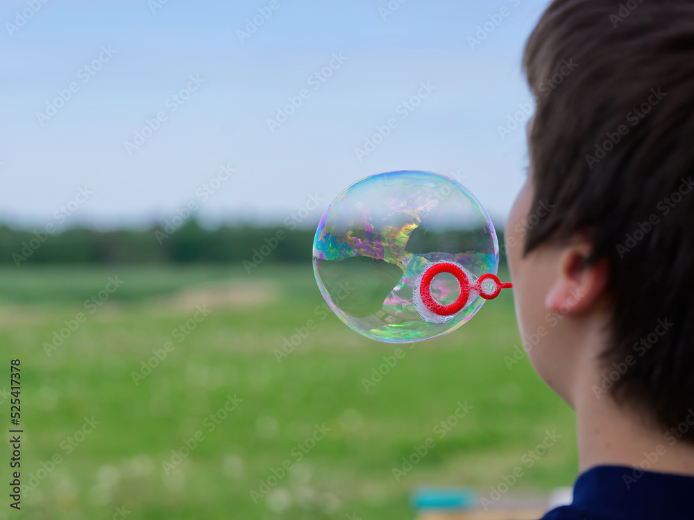 The child blows soap bubbles in nature. close up The child blows soap bubbles in nature. close up