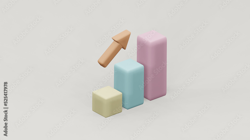 成長中の3D棒グラフ,白背景,矢印付き 成長中の3D棒グラフ,白背景,矢印付き