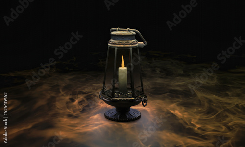 3d image ,lit candle inside a lantern, dark background with streaks of smoke highlighting the 3d rendering image