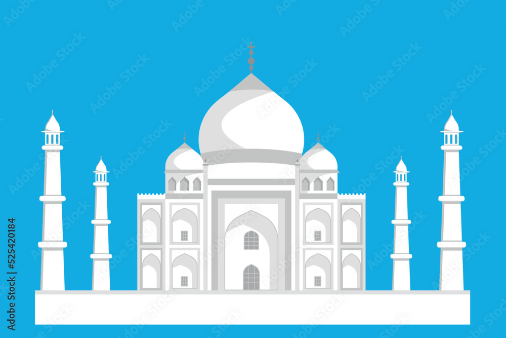 Indian white palace with towers, flat illustration, palace in white and gray colors on a blue background