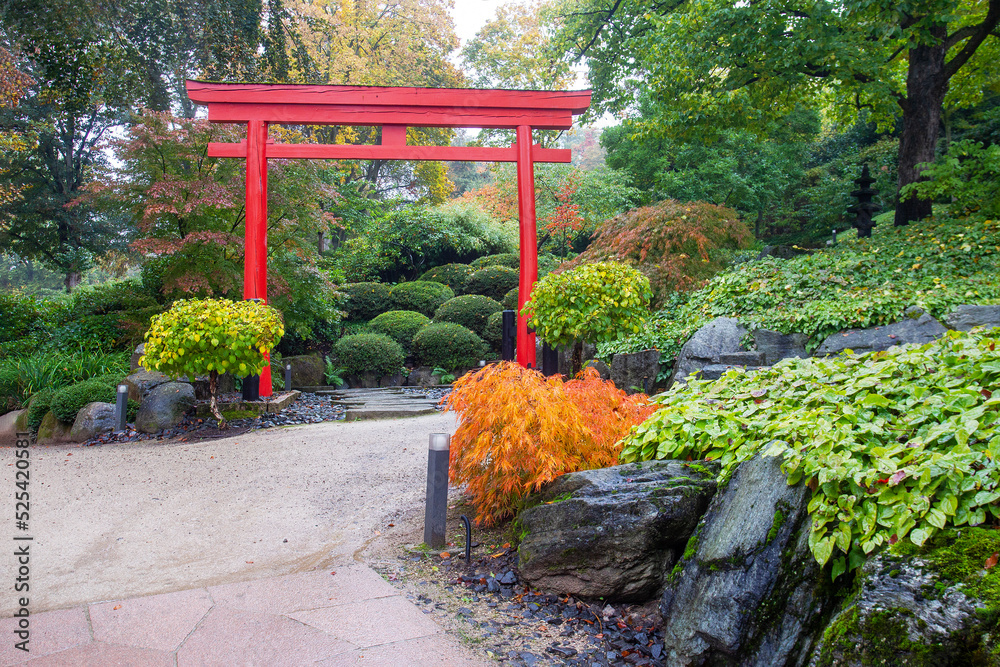 Idyllic autumn ( orange) landscape with stone lantern and red Torii gate in entrance of japanese garden in Kaiserslautern, Idyllic autumn ( orange) landscape with stone lantern and red Torii gate in entrance of japanese garden in Kaiserslautern,