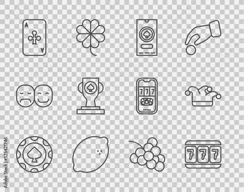Set line Casino chips, Slot machine with lucky sevens, poker tournament invitation, slot lemon, Playing card clubs, trophy cup, grape and Joker playing icon. Vector