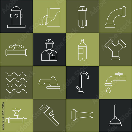 Set line Rubber plunger, Water tap, Industry metallic pipe, filter, Plumber, and valve, Fire hydrant and Bottle of water icon. Vector