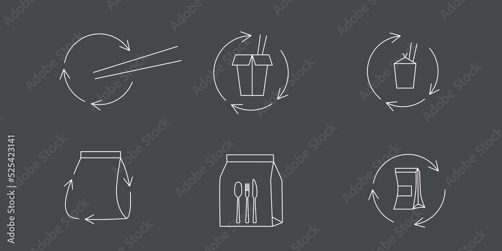 Fast food and take away eco packaging symbol for noodle box. Plastic free and recyclable. Editable stroke. Vector stock illustration isolated on black background. Fast food and take away eco packaging symbol for noodle box. Plastic free and recyclable. Editable stroke. Vector stock illustration isolated on black background.