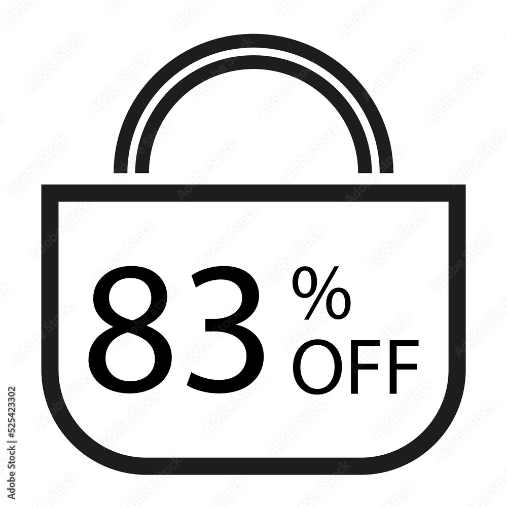 83 percent off. White banner with shopping bag illustration. 83 percent off. White banner with shopping bag illustration.
