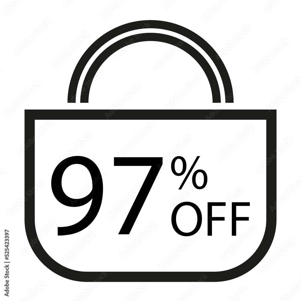 97 percent off. White banner with shopping bag illustration. 97 percent off. White banner with shopping bag illustration.