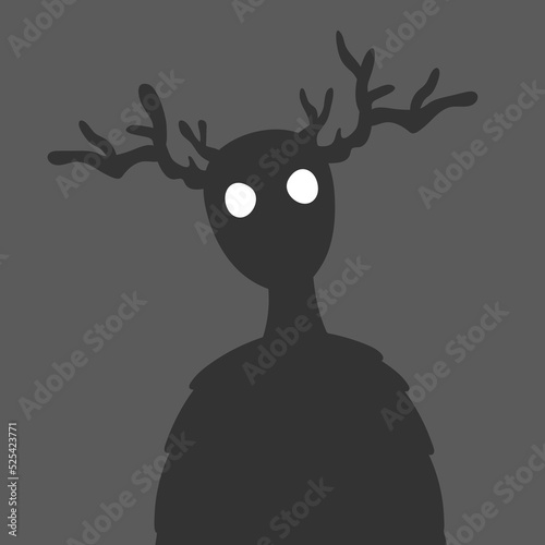 Forest monster with horns. Halloween monster silhouette with horns. Glowing eyes. Flat vector illustration isolated on white background