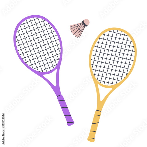 Two badminton rackets and a shuttlecock. Flat vector illustration isolated on white background