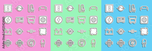 Set line Light emitting diode, Electric circuit scheme, Electrical outlet, plug, measuring instruments, Lightning bolt, light switch and Fuse icon. Vector