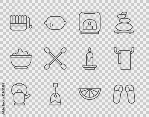 Set line Kettle with handle, Slipper, Aroma lamp, Tea bag, Sauna bucket ladle, Cotton swab for ears, Citrus fruit and Towel hanger icon. Vector
