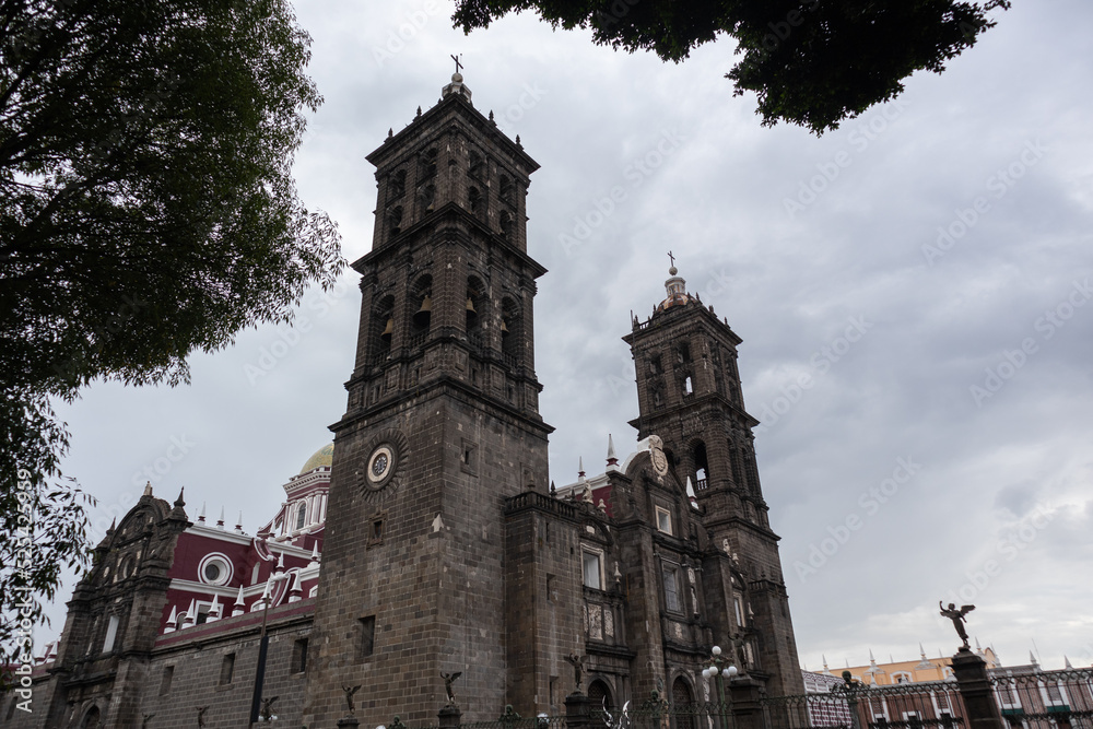 Fototapeta premium Puebla Cathedral, Mexican Baroque Church, The Basilica Cathedral of Puebla, as the Cathedral of Our Lady of the Immaculate Conception