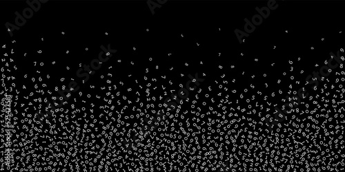 Falling numbers, big data concept. Binary white random flying digits. Powerful futuristic banner on black background. Digital vector illustration with falling numbers.