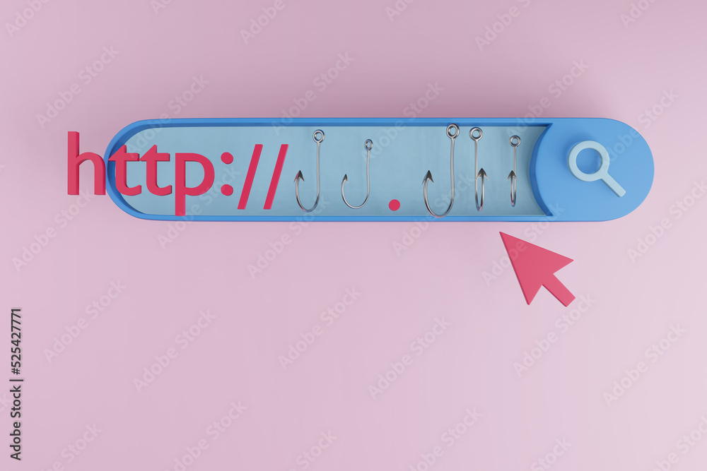 Browser search bar showing an URL address made of fishing hooks. Illustration of web domain spoofing and email phishing - obrazy, fototapety, plakaty 