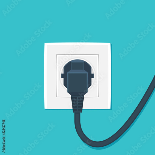 The plug is plugged into the power lines. Black  plug inserted in a wall socket. 
Vector illustration cartoon flat icon isolated on green background.