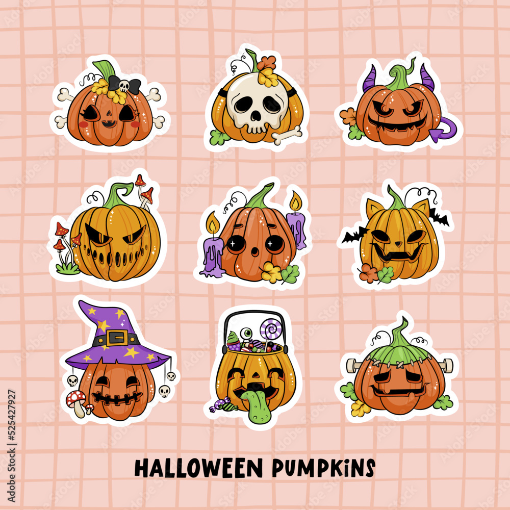 Creepy And Cute Halloween Pumpkin Sticker Pack Funny Illustration For creepy-and-cute-halloween-pumpkin-sticker-pack-funny-illustration-for