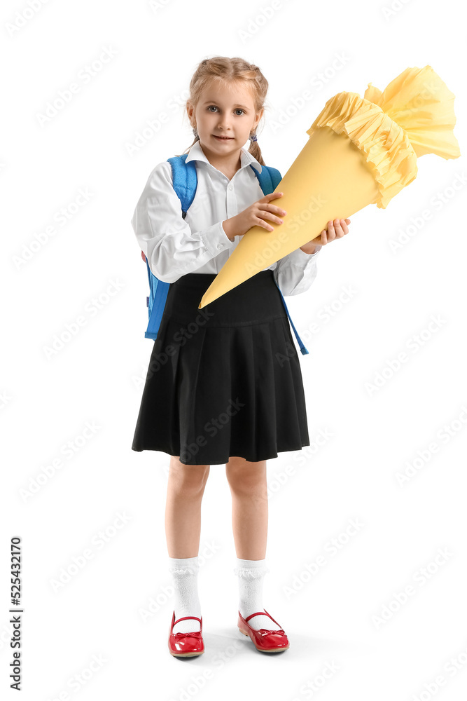 Cute little girl with yellow school cone on white background Cute little girl with yellow school cone on white background