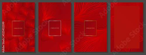 Red luxury cover design. Fashionable modern brochure with abstract floral pattern. Glossy ginko leaves on red background.