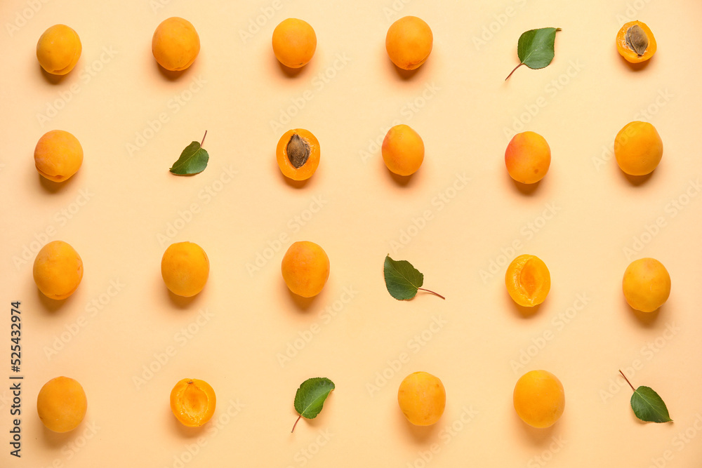 Many ripe apricots on color background